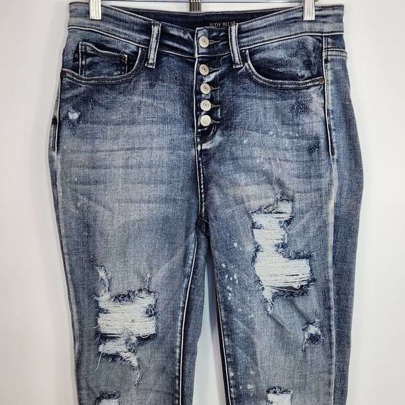 Judy Blue High Rise Skinny Jeans Bleach Splash Distressed Raw Hem Stretch 28 7 - Picture 3 of 13